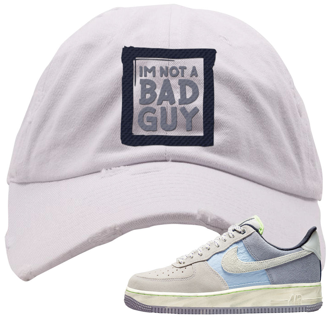 Womens Mountain White Blue AF 1s Distressed Dad Hat | I'm Not A Bad Guy, White