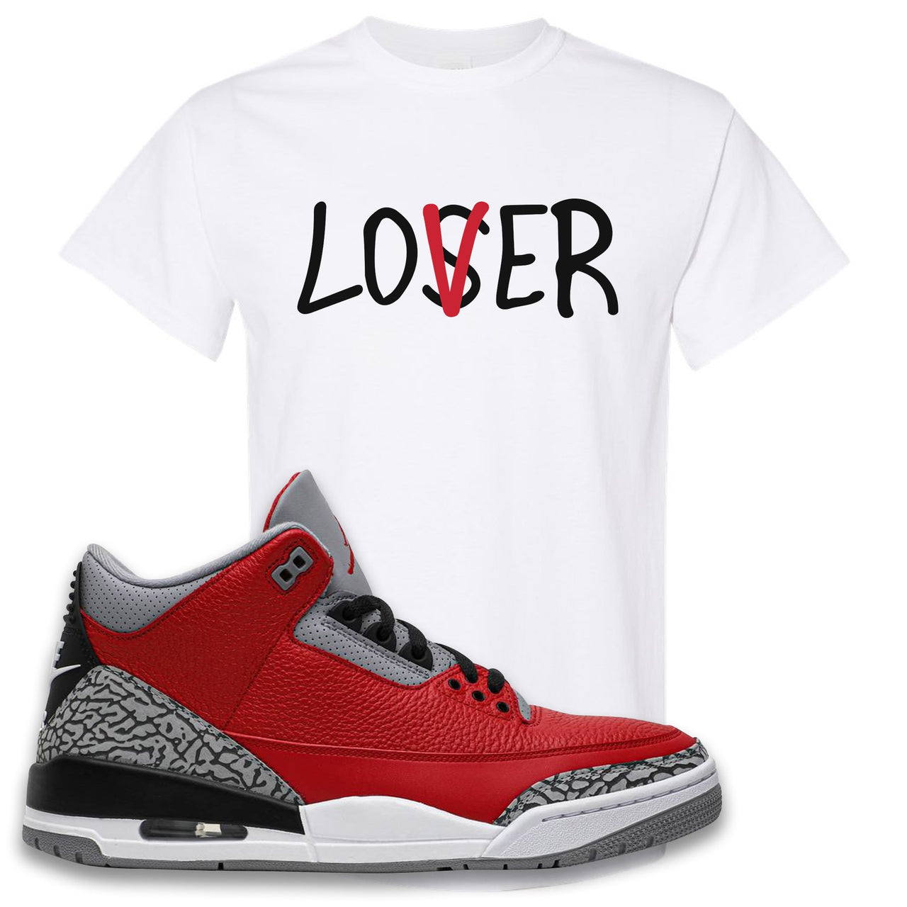 Jordan 3 Red Cement Chicago All-Star Sneaker White T Shirt | Tees to match Jordan 3 All Star Red Cement Shoes | Lover