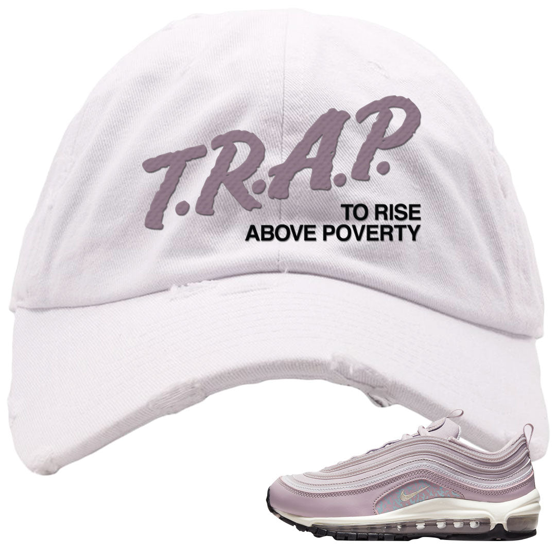 Plum Fog 97s Distressed Dad Hat | Trap To Rise Above Poverty, White