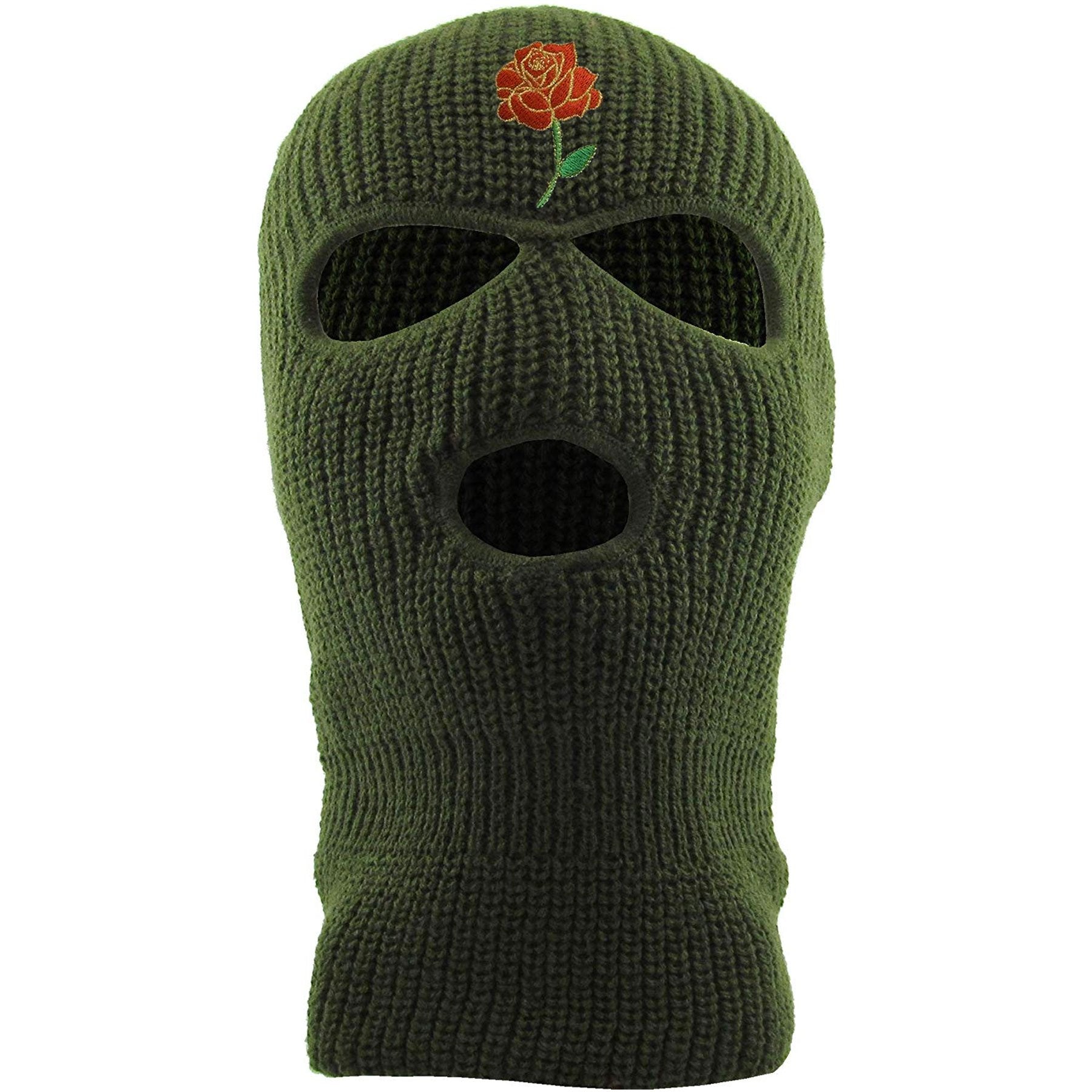 Embroidered on the front of the olive ski mask is the rose bud logo in red, gold and green
