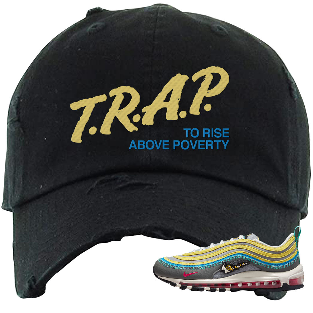 Sprung Yellow 97s Distressed Dad Hat | Trap To Rise Above Poverty, Black