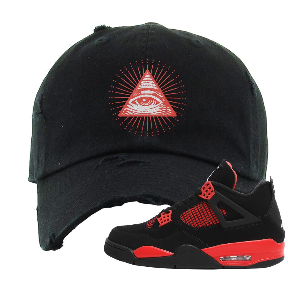 Red Thunder 4s Distressed Dad Hat | All Seeing Eye, Black