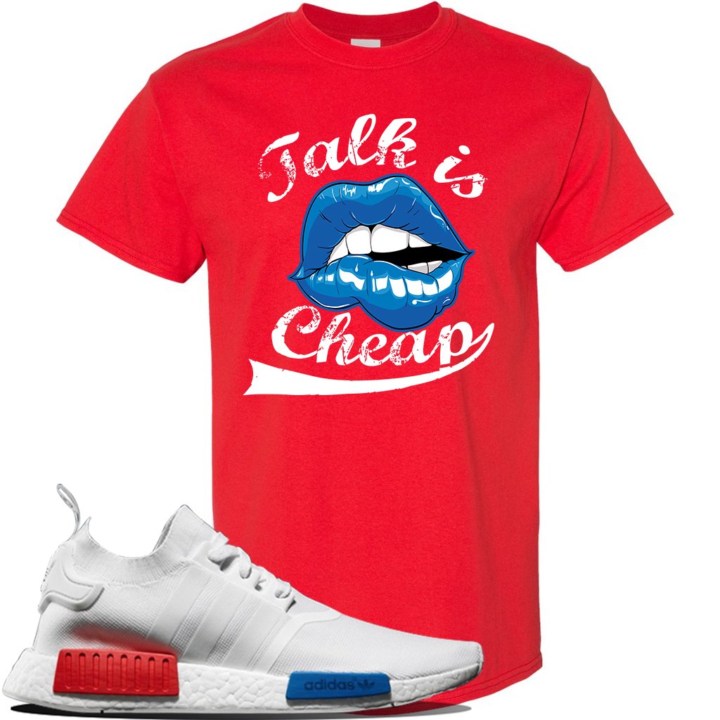 NMD R1 V2 White Red Blue Sneaker Red T Shirt | Tees to match Adidas NMD R1 V2 White Red Blue Shoes | Talk Is Cheap