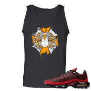 printed on the front of the air max plus sunburst sneaker matching black tank top is the medusa sunburst logo