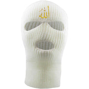 Embroidered on the front of the white Allah ski mask is the arabic writing for the word allah