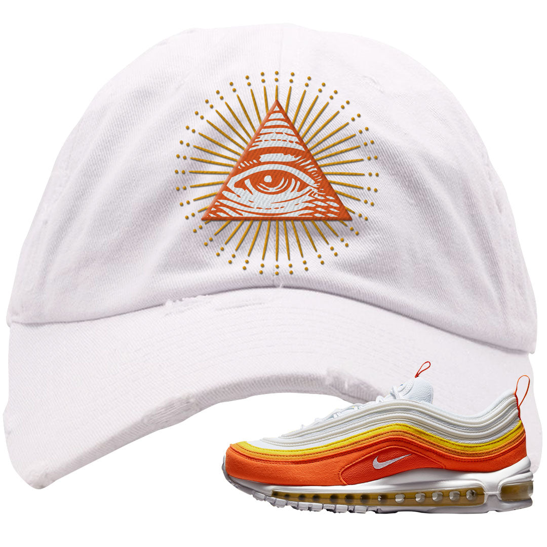 Club Orange Yellow 97s Distressed Dad Hat | All Seeing Eye, White