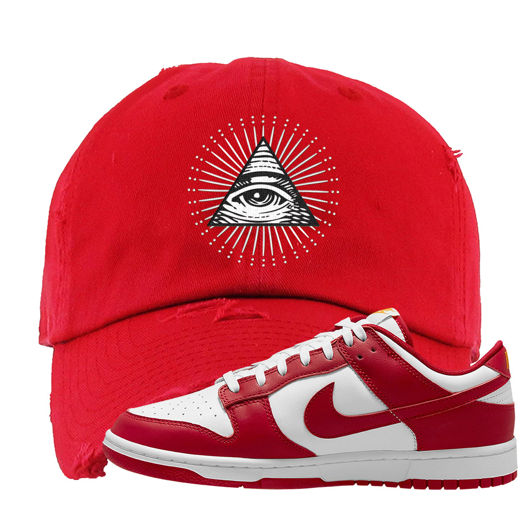 Red White Yellow Low Dunks Distressed Dad Hat | All Seeing Eye, Red