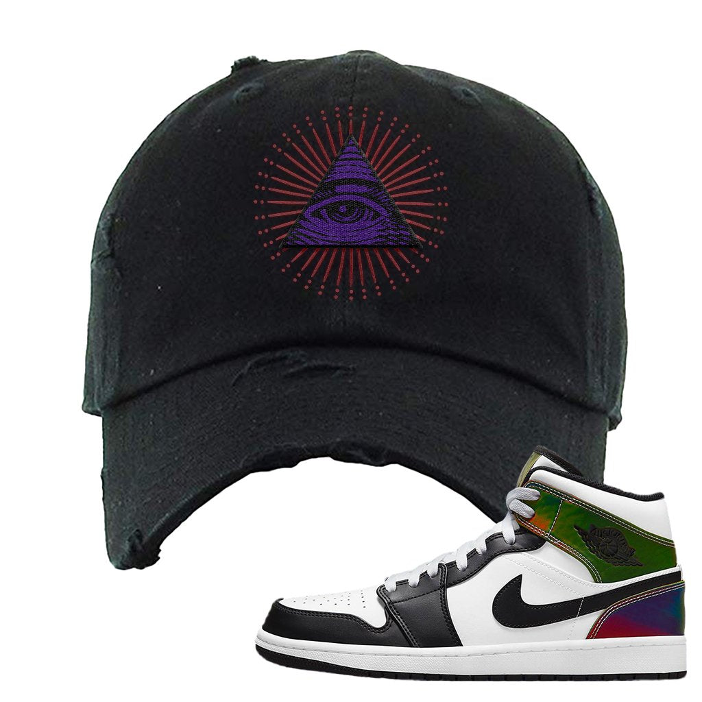 Color Change Mid 1s Distressed Dad Hat | All Seeing Eye, Black