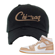 Air Jordan 1 Mid Tan Leather Distressed Dad Hat | Chiraq, Black