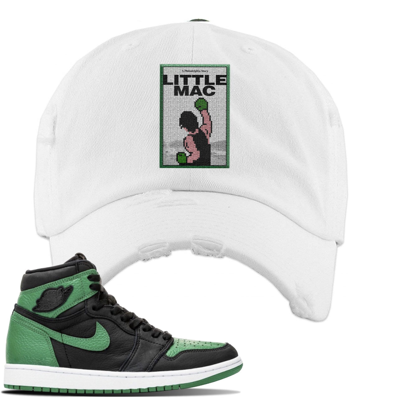 Jordan 1 Retro High OG Pine Green Gym Sneaker White Distressed Dad Hat | Hat to match Air Jordan 1 Retro High OG Pine Green Gym Shoes | Little Mac A Philly Story