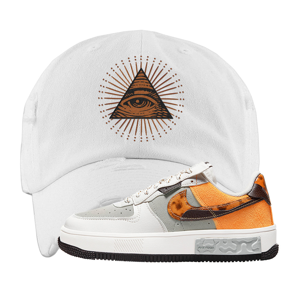 Tortoise Shell AF 1s Distressed Dad Hat | All Seeing Eye, White