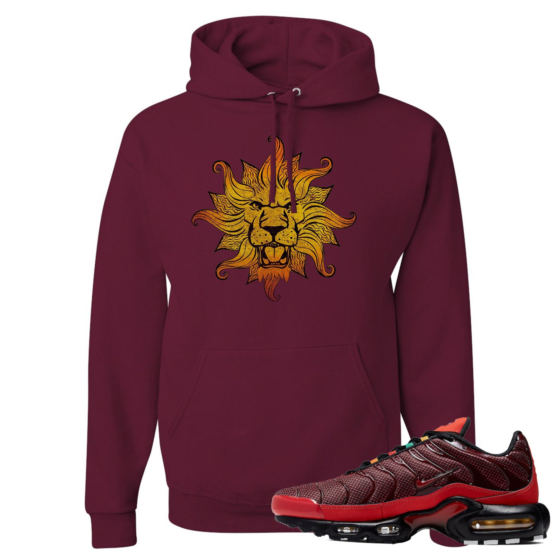 printed on the front of the air max plus sunburst sneaker matching maroon pullover hoodie is the vintage lion head