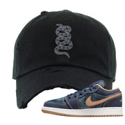 Denim Gum Bottom Low 1s Distressed Dad Hat | Coiled Snake, Black