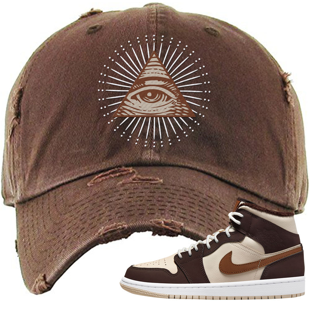 Brown Fleece Mid 1s Distressed Dad Hat | All Seeing Eye, Brown