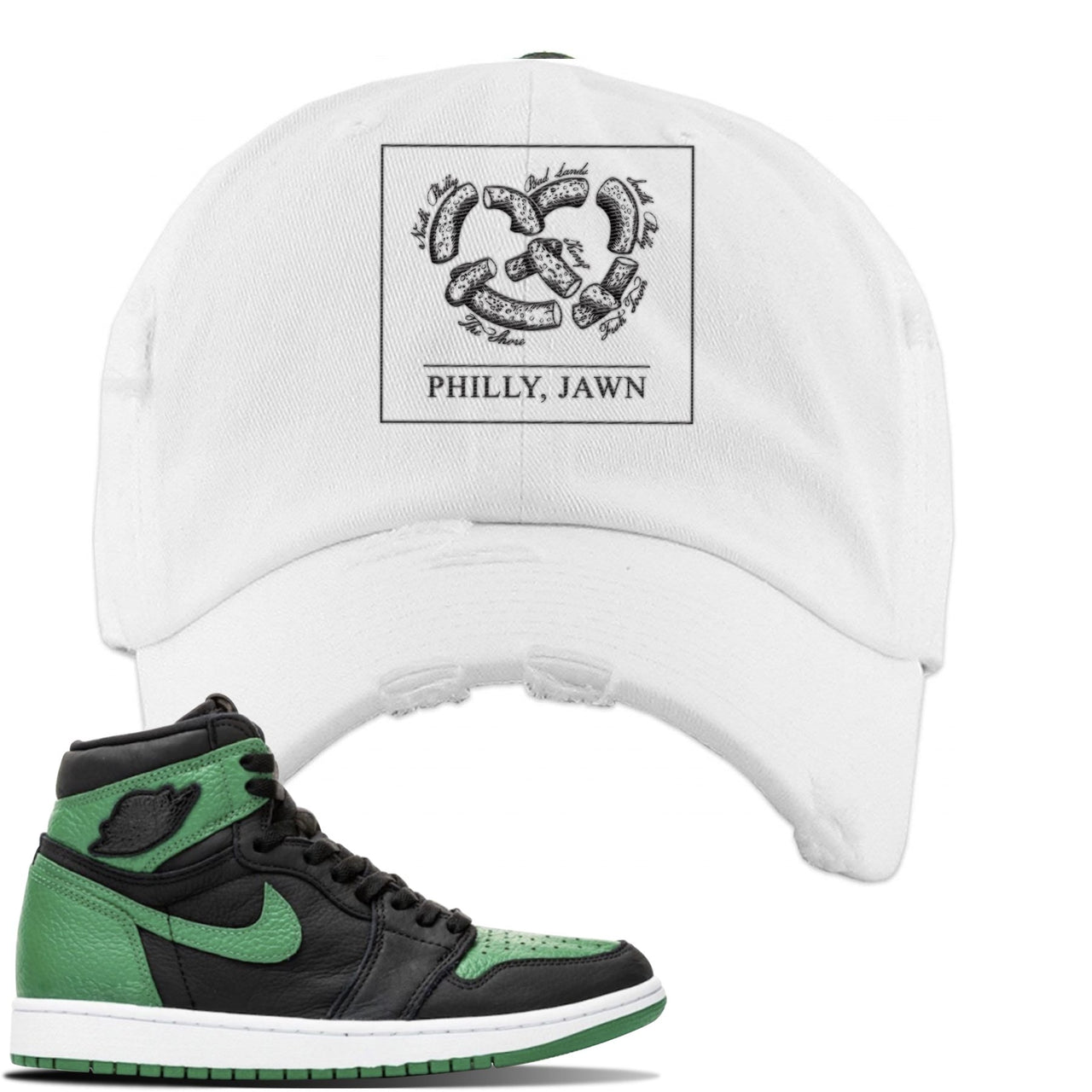 Jordan 1 Retro High OG Pine Green Gym Sneaker White Distressed Dad Hat | Hat to match Air Jordan 1 Retro High OG Pine Green Gym Shoes | Philly Pretzel