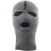 Embroidered on the front of the light gray Italian snake ski mask is the snake on stripes logo embroidered in red and green