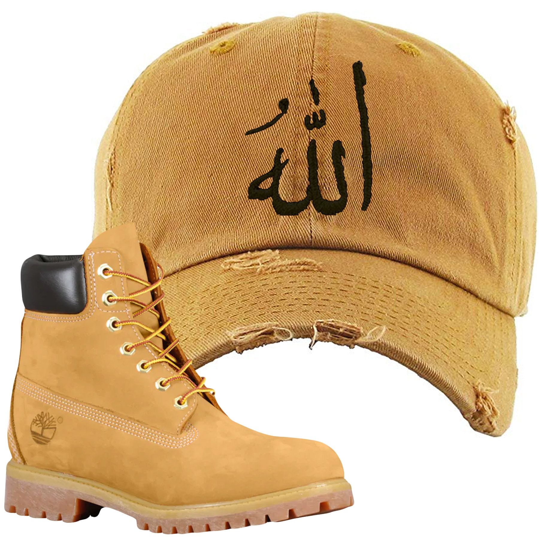 Embroidered on the front of the Timberland Wheat Timbs Boot Matching Dad Hat is a matching Timberland Wheat Timbs inspired logo