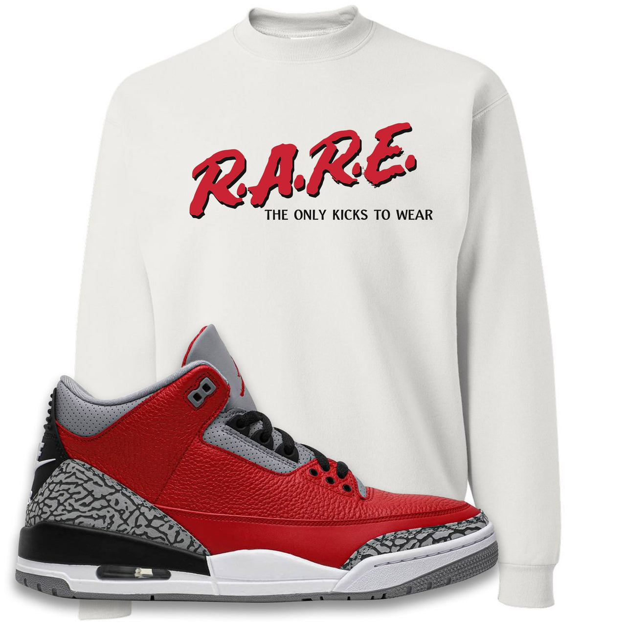 Chicago Exclusive Jordan 3 Red Cement Sneaker White Crewneck Sweatshirt | Crewneck to match Jordan 3 All Star Red Cement Shoes | Rare
