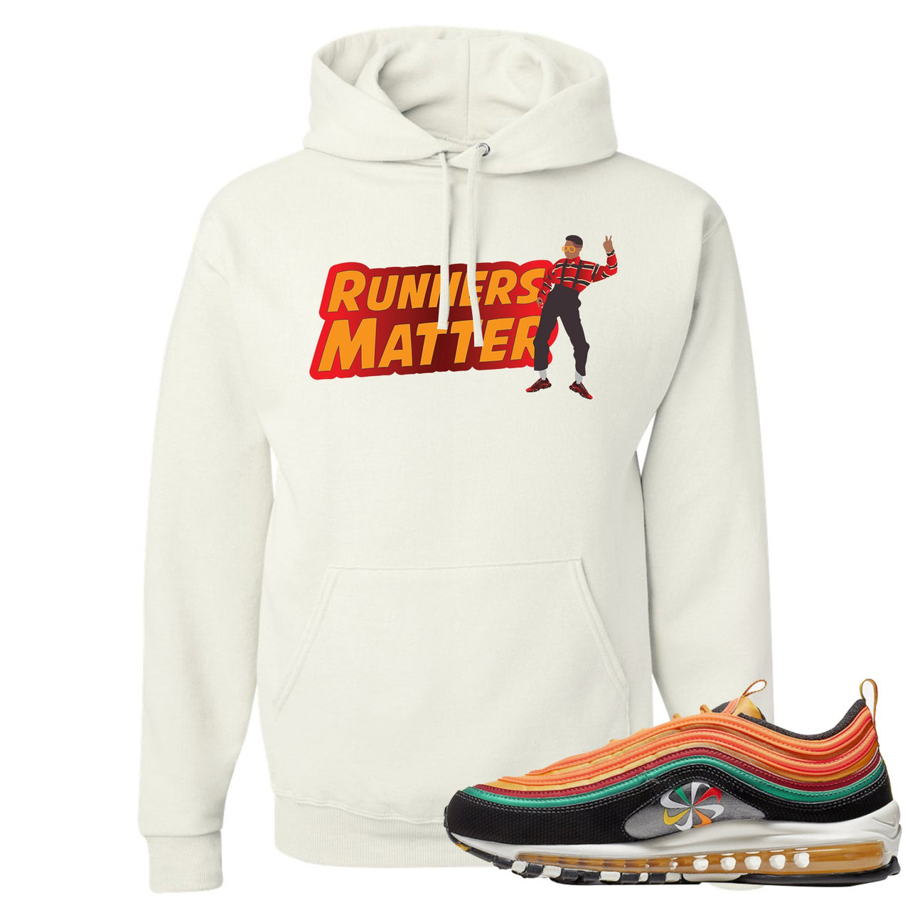 Printed on the front of the Air Max 97 Sunburst white sneaker matching pullover hoodie is the Runners Matter logo