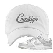 Grey Fog Low Dunks Distressed Dad Hat | Crooklyn, White