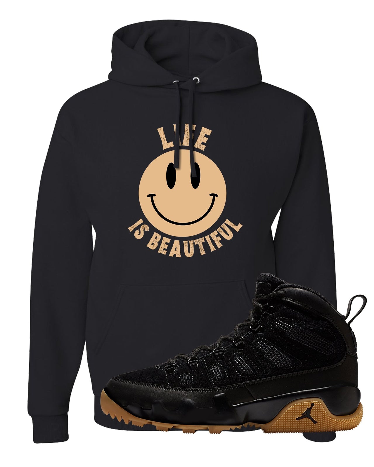 NRG Black Gum Boot 9s Hoodie | Smile Life Is Beautiful, Black