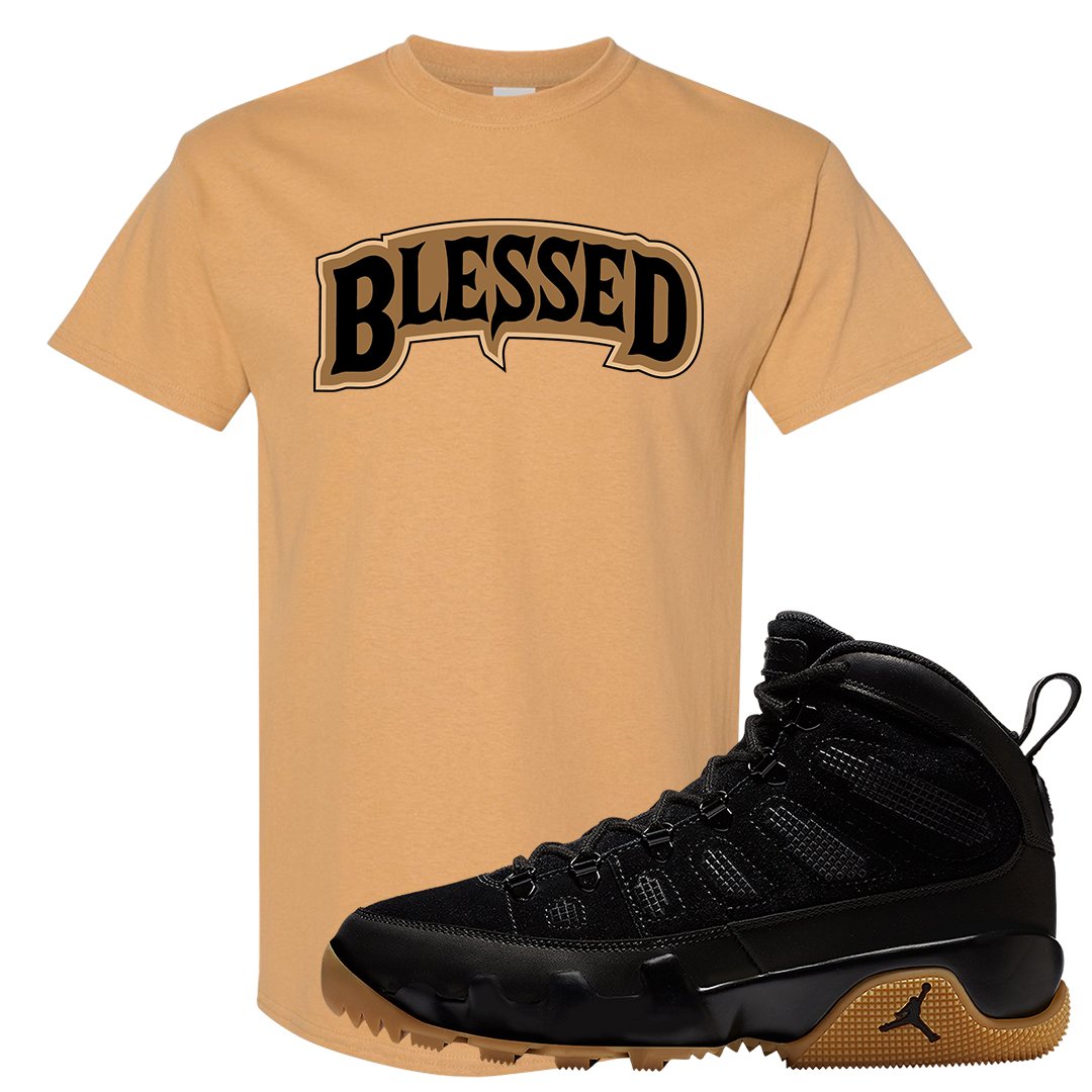 NRG Black Gum Boot 9s T Shirt | Blessed Arch, Old Gold