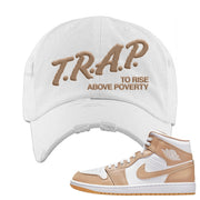 Air Jordan 1 Mid Tan Leather Distressed Dad Hat | Trap To Rise Above Poverty, White