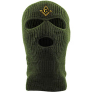 Embroidered on the front of the olive 3 hole masonic ski mask is the masonic square compass embroidered in gold and black