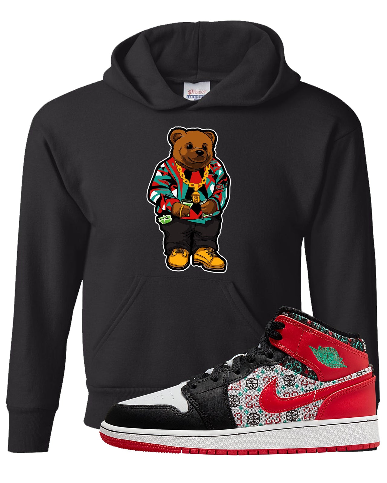 Ugly Sweater GS Mid 1s Kid's Hoodie | Sweater Bear, Black
