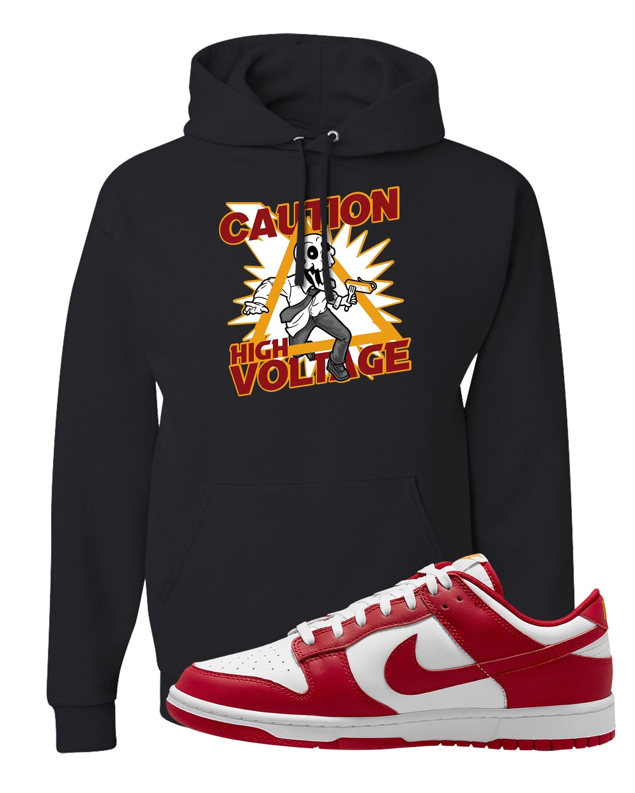 Red White Yellow Low Dunks Hoodie | Caution High Voltage, Black