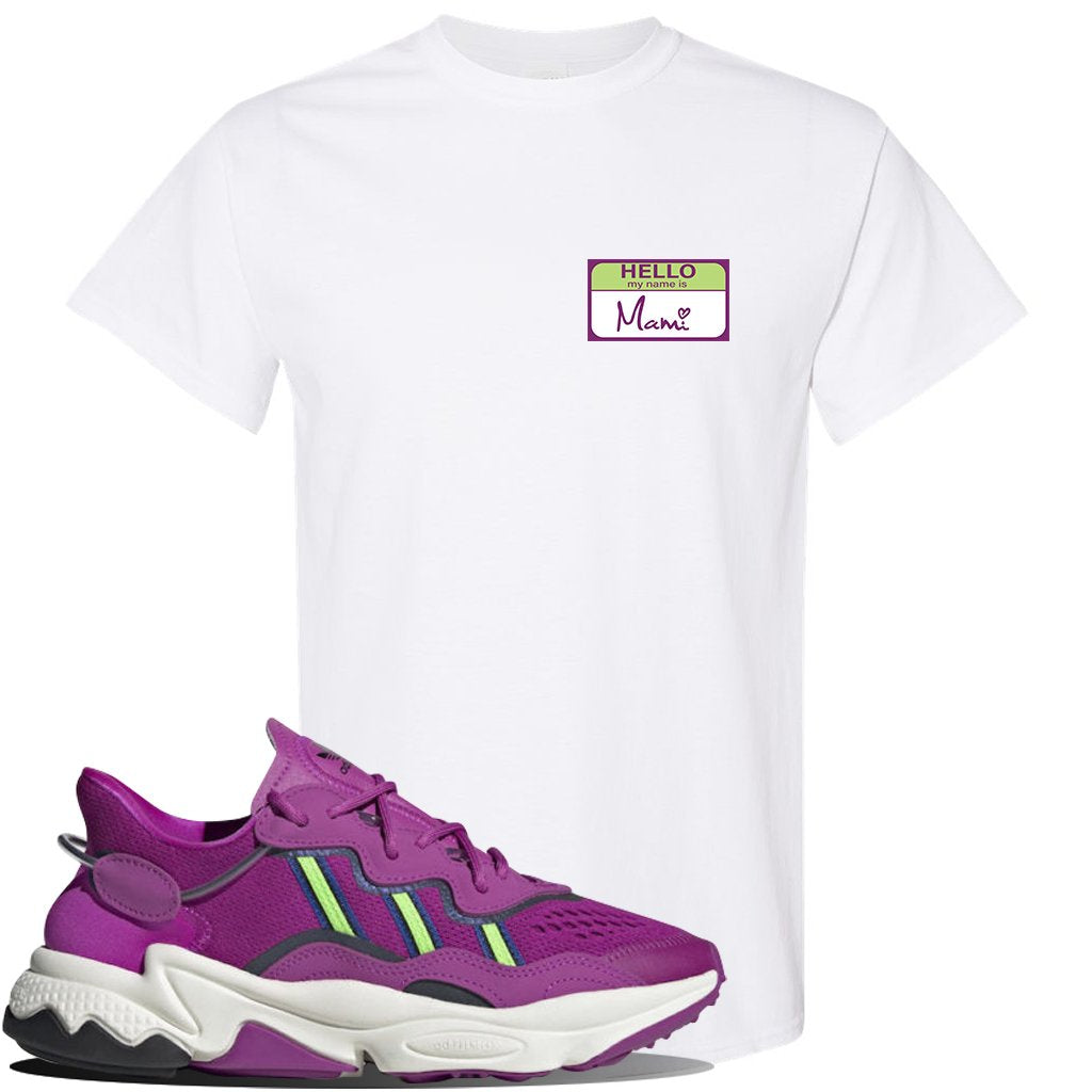 Ozweego Vivid Pink Sneaker White T Shirt | Tees to match Adidas Ozweego Vivid Pink Shoes | Hello my Name is Mami