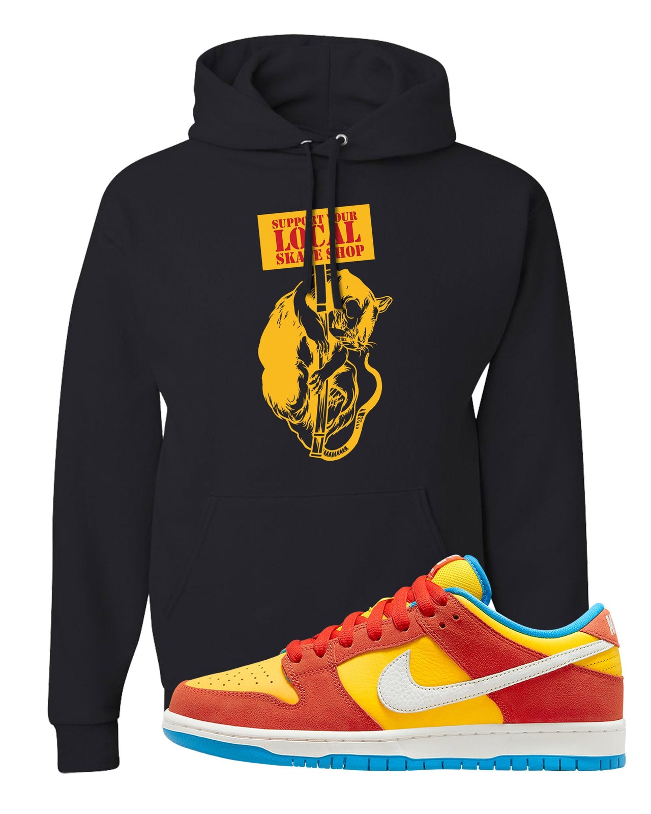 Habanero Red Gold Blue Low Dunks Hoodie | Support Your Local Skate Shop, Black