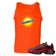 printed on the front of the air max plus sunburst sneaker matching orange tank top is the sunburst soda logo