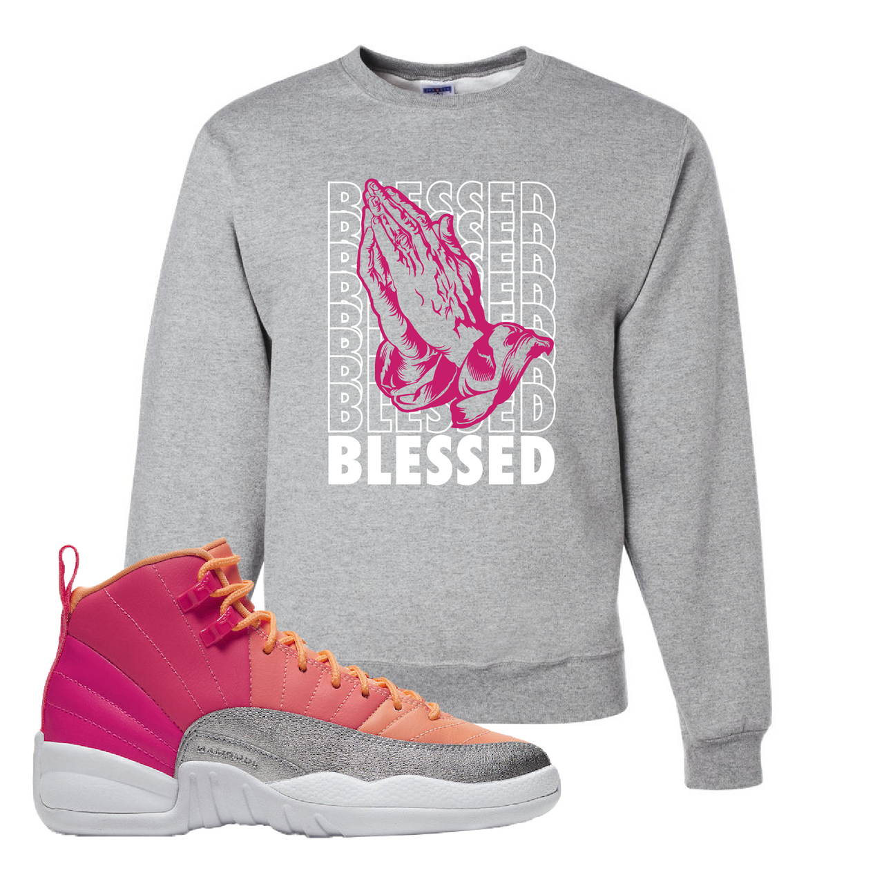Air Jordan 12 GS Hot Punch Blessed Athletic Heather Sneaker Matching Crewneck Sweatshirt