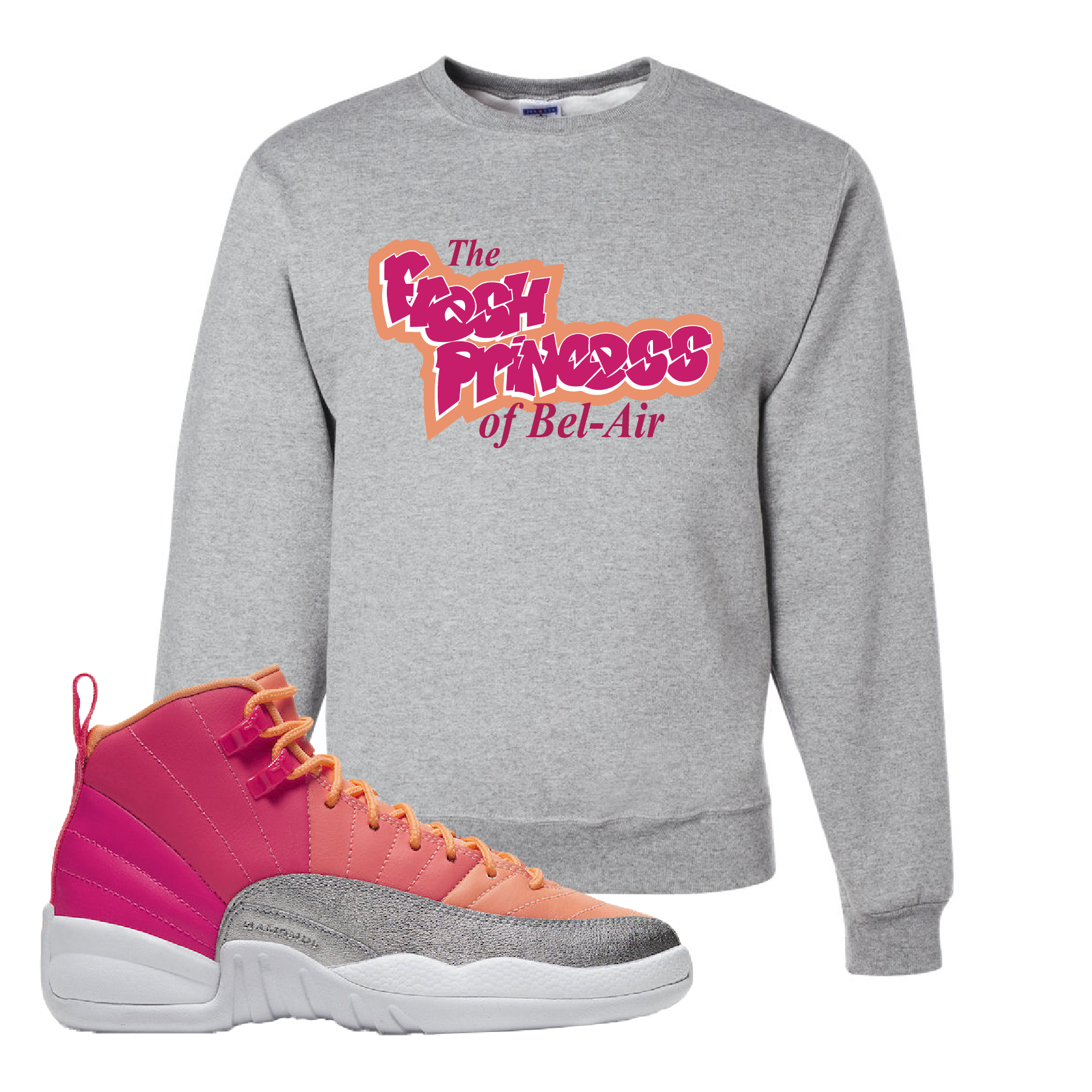 Air Jordan 12 GS Hot Punch Fresh Princess of Bel Air Athletic Heather Sneaker Matching Crewneck Sweatshirt