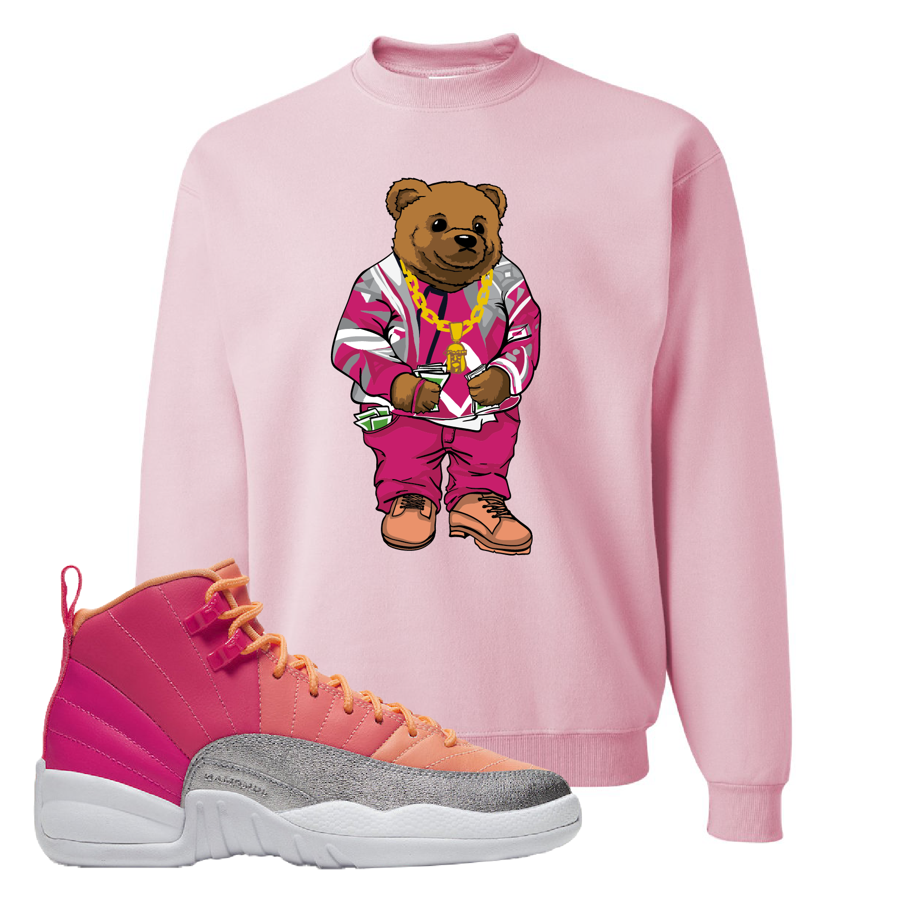 Air Jordan 12 GS Hot Punch Sweater Bear Classic Pink Sneaker Matching Crewneck Sweatshirt