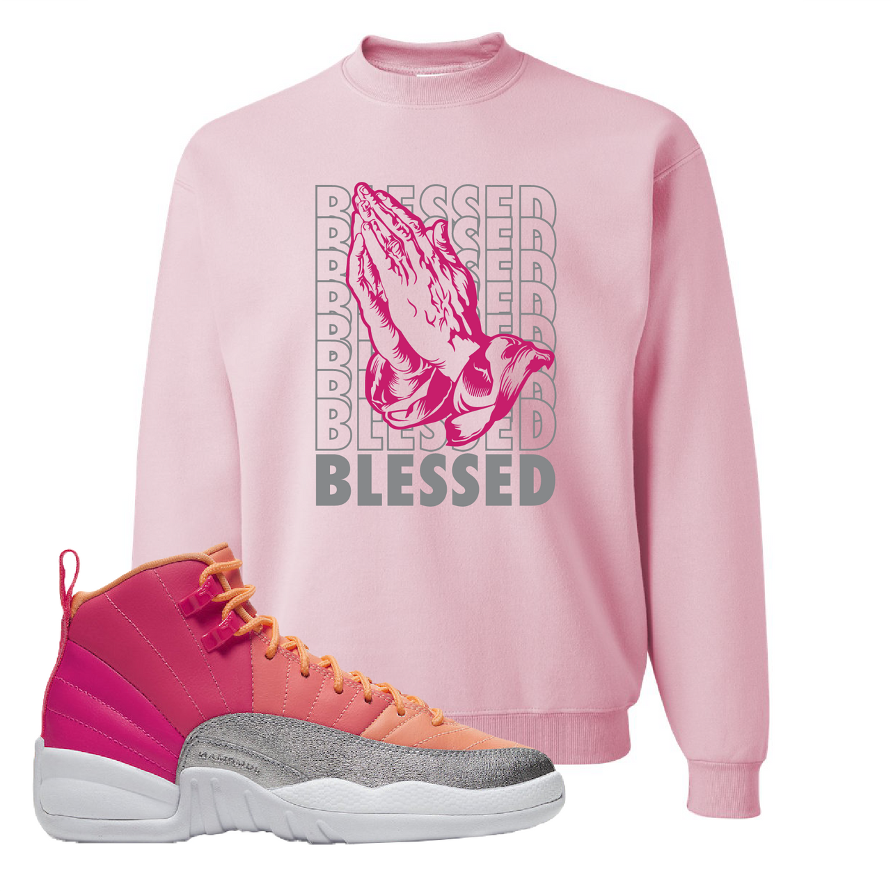 Air Jordan 12 GS Hot Punch Blessed Classic Pink Sneaker Matching Crewneck Sweatshirt