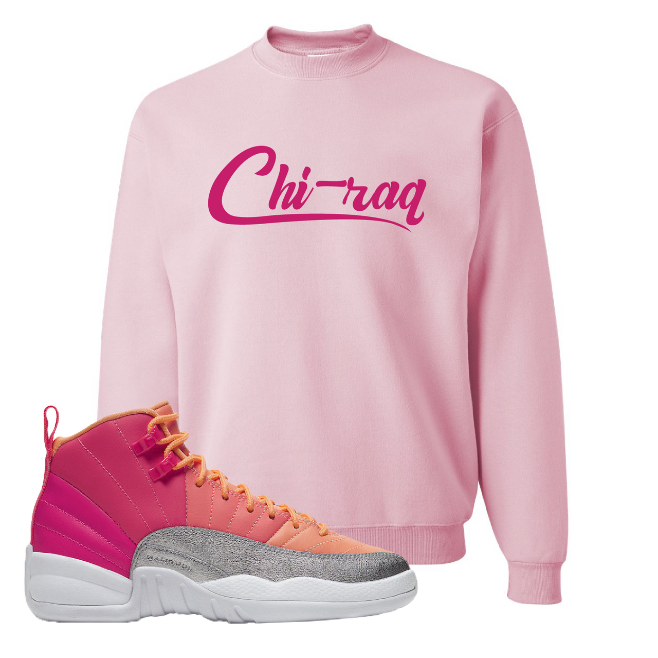 Air Jordan 12 GS Hot Punch Chiraq Classic Pink Sneaker Matching Crewneck Sweatshirt
