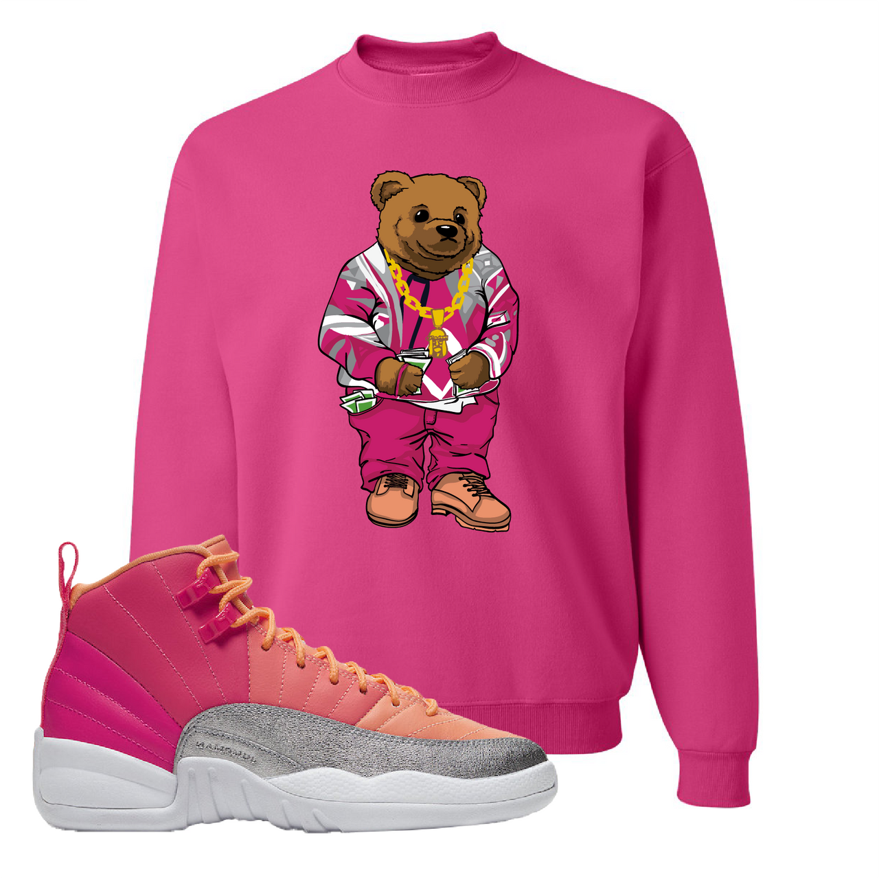 Air Jordan 12 GS Hot Punch Sweater Bear Cyber Pink Sneaker Matching Crewneck Sweatshirt
