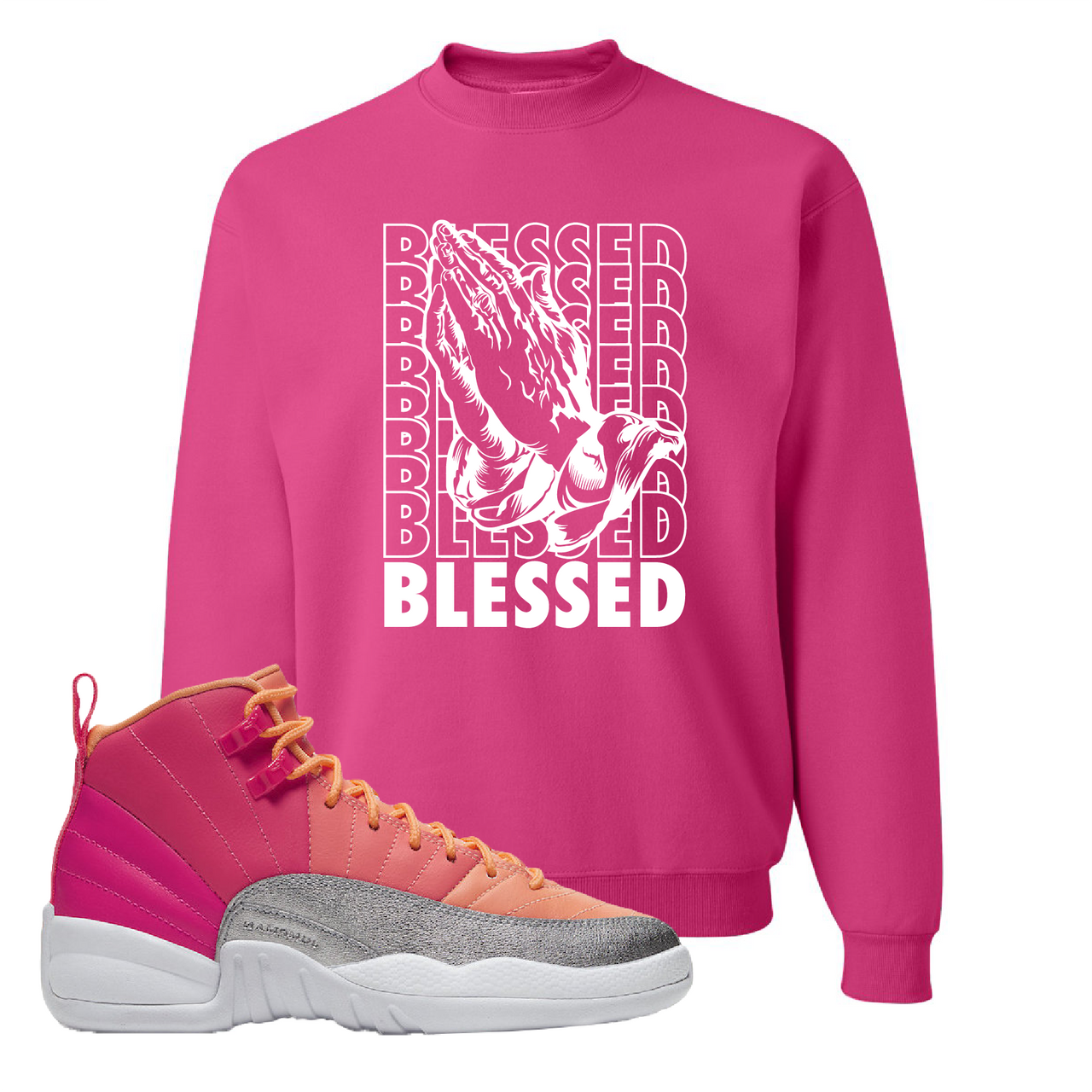 Air Jordan 12 GS Hot Punch Blessed Cyber Pink Sneaker Matching Crewneck Sweatshirt