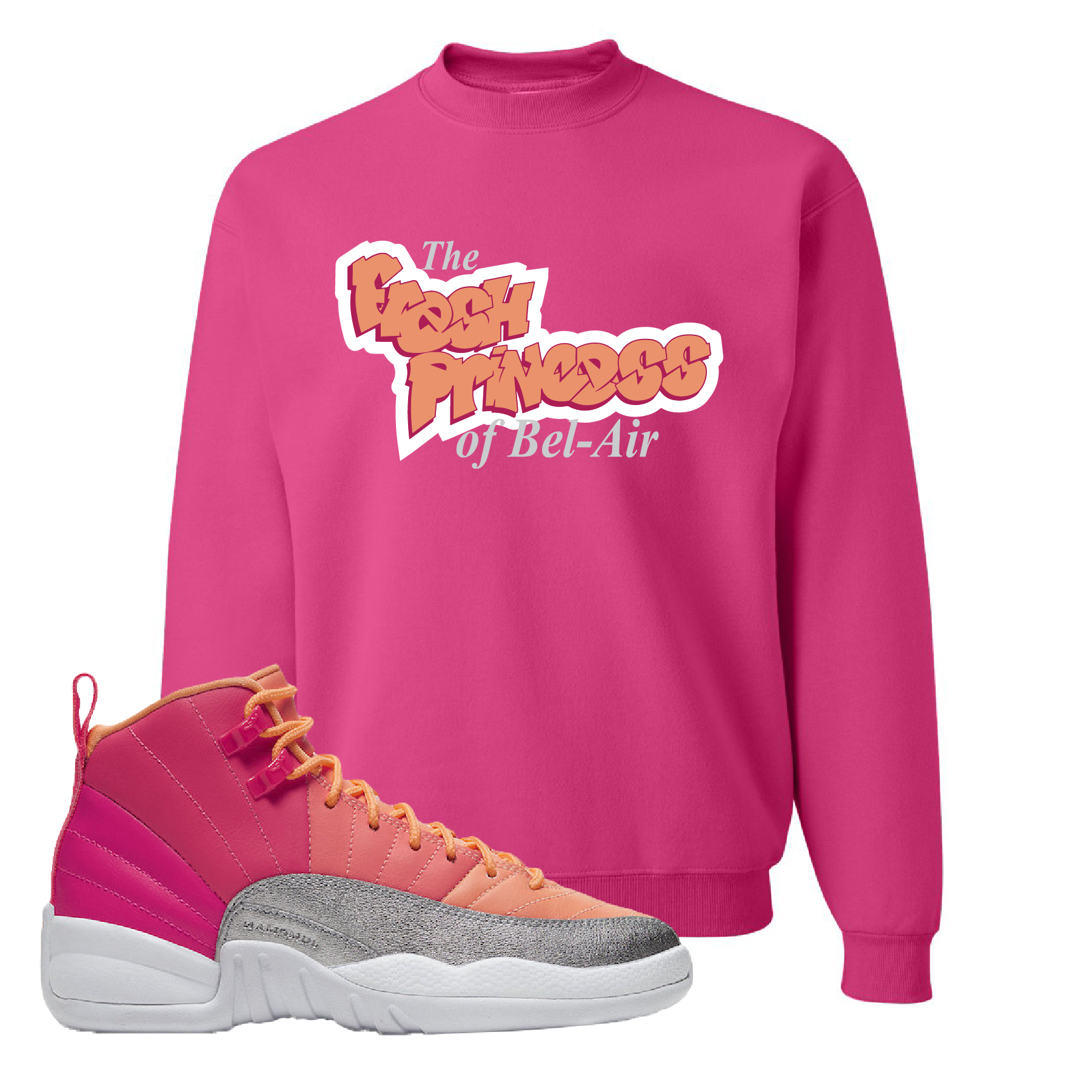 Air Jordan 12 GS Hot Punch Fresh Princess of Bel Air Cyber Pink Sneaker Matching Crewneck Sweatshirt