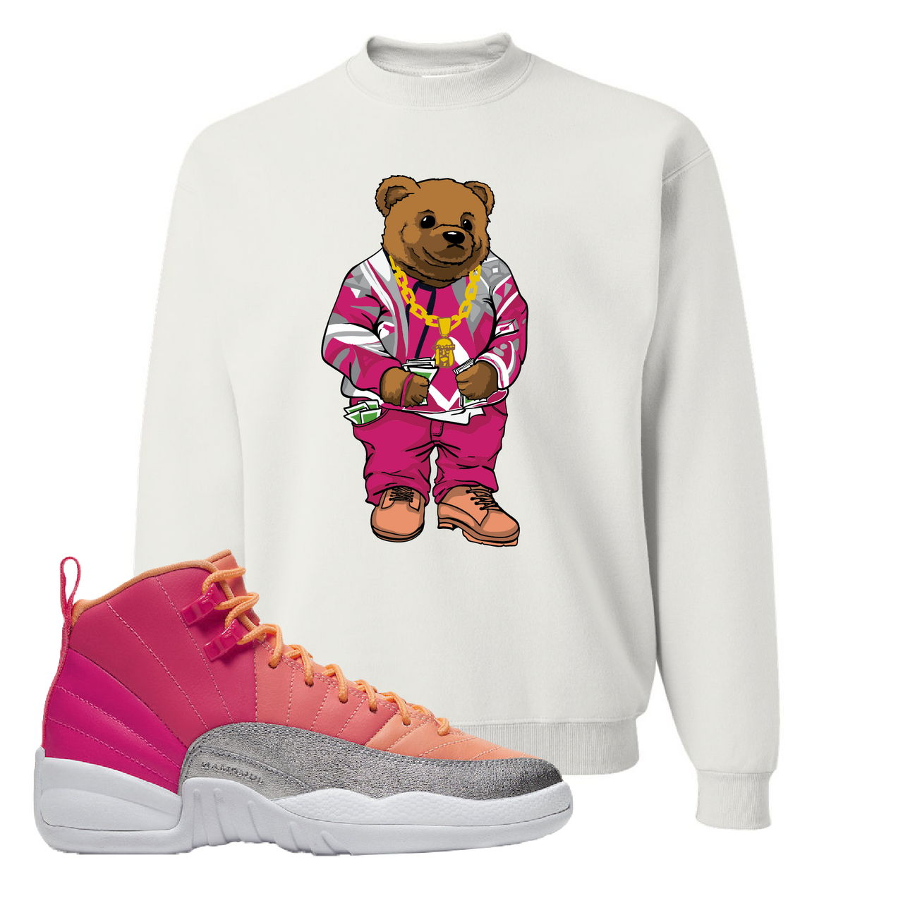 Air Jordan 12 GS Hot Punch Sweater Bear White Sneaker Matching Crewneck Sweatshirt