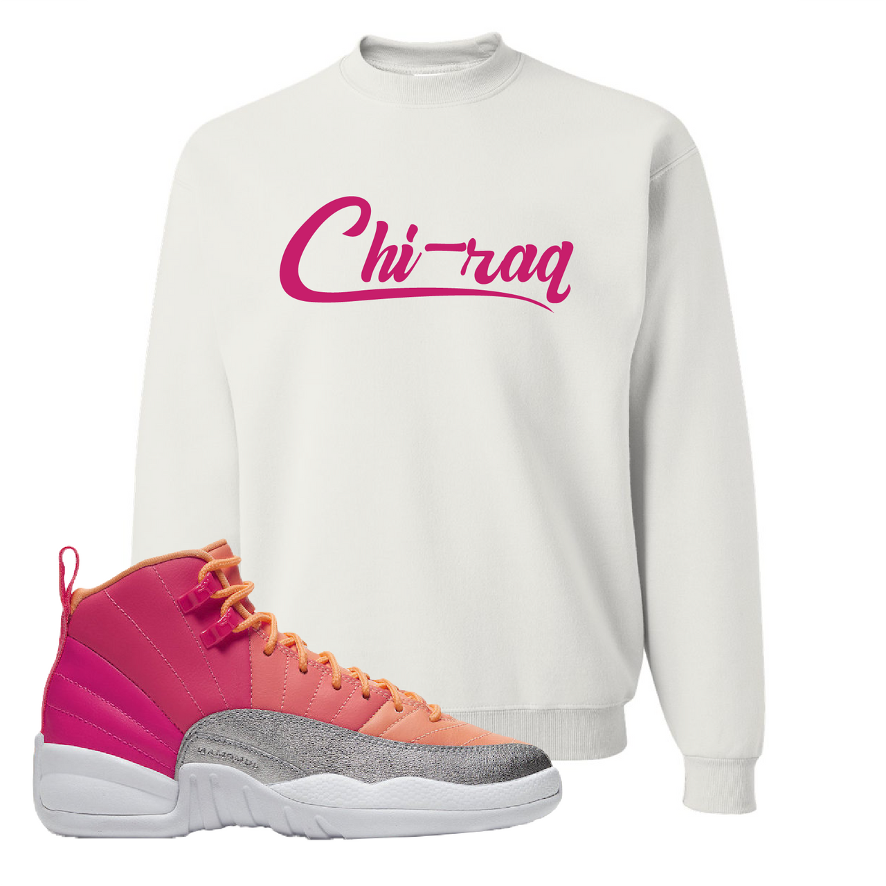 Air Jordan 12 GS Hot Punch Chiraq White Sneaker Matching Crewneck Sweatshirt