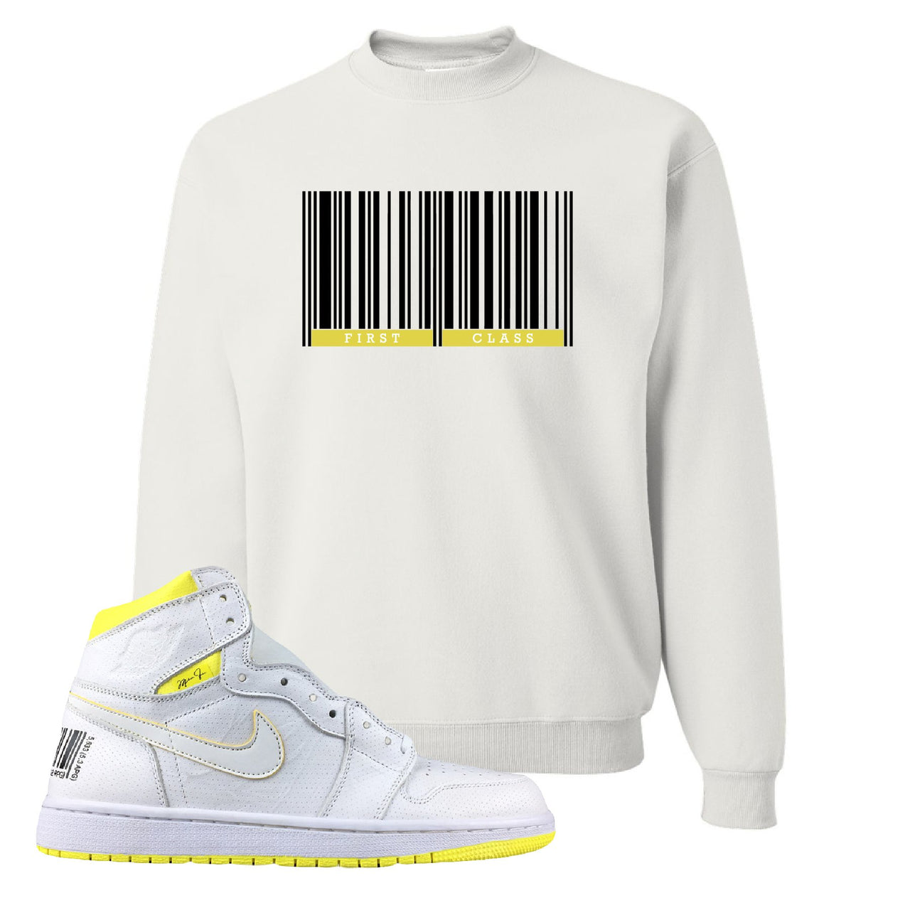Air Jordan 1 First Class Flight First Class Barcode White Sneaker Matching Crewneck Sweatshirt