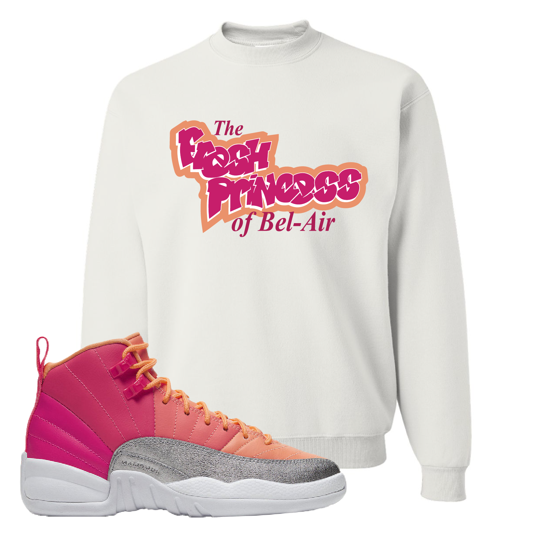 Air Jordan 12 GS Hot Punch Fresh Princess of Bel Air White Sneaker Matching Crewneck Sweatshirt