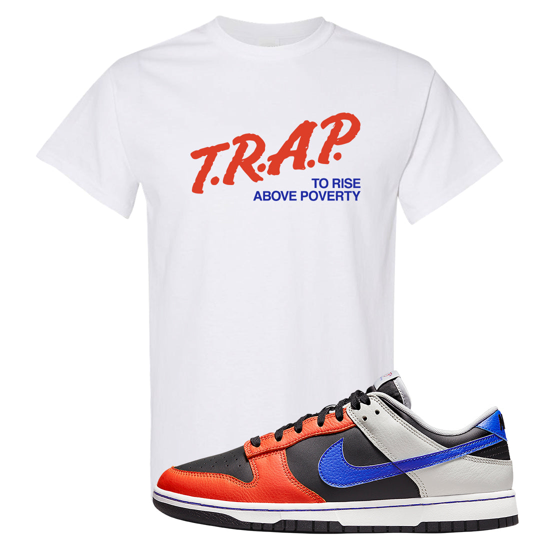 75th Anniversary Low Dunks T Shirt | Trap To Rise Above Poverty, White