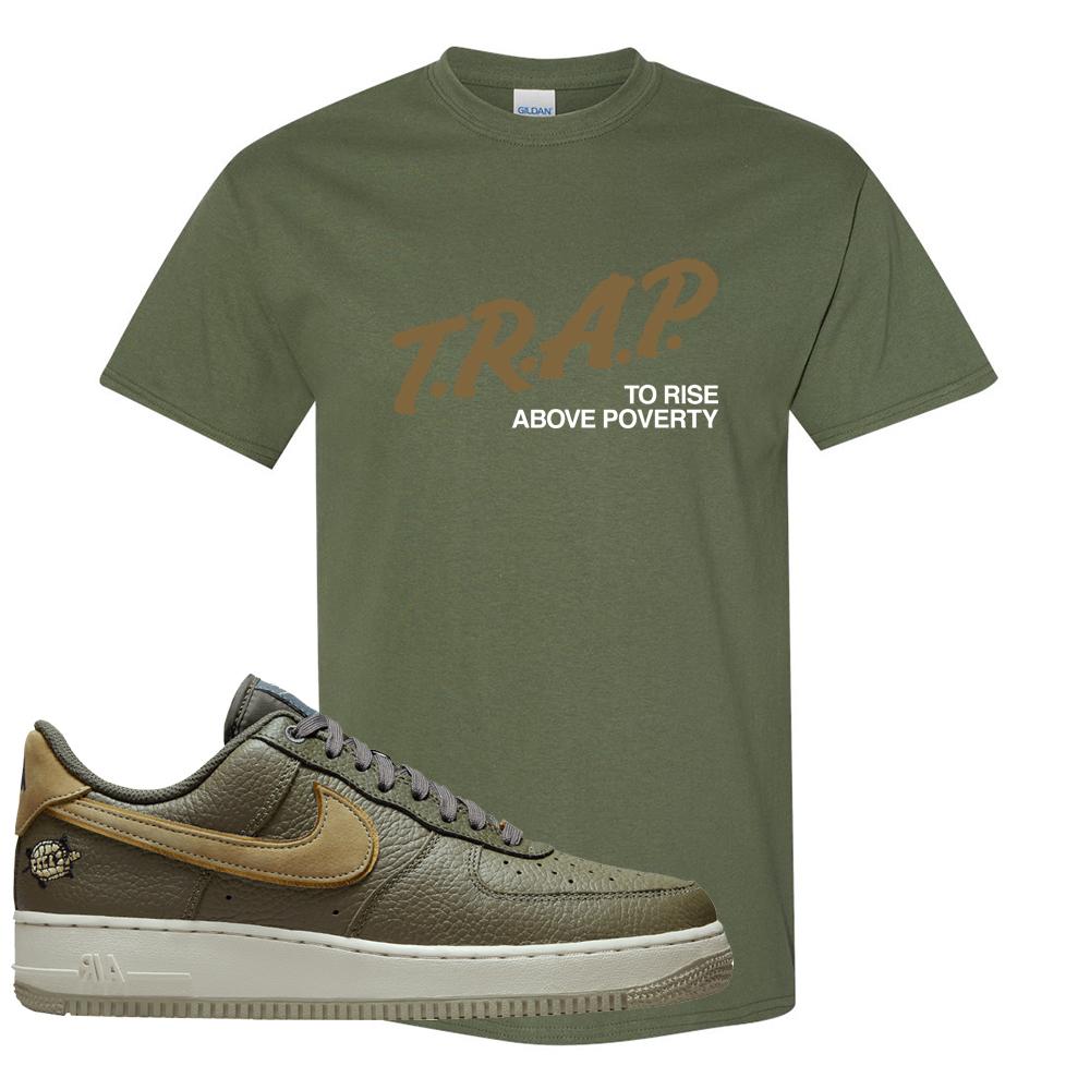 Tortoise Low AF1s T Shirt | Trap To Rise Above Poverty, Military Green