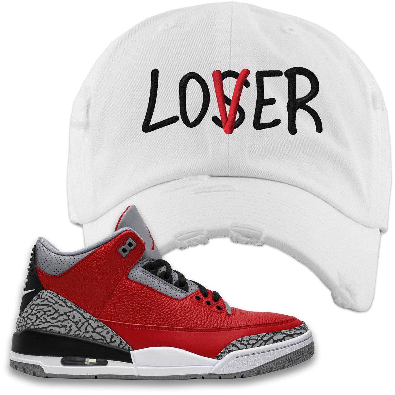 Chicago Exclusive Jordan 3 Red Cement Sneaker White Distressed Dad Hat | Hat to match Jordan 3 All Star Red Cement Shoes | Lover