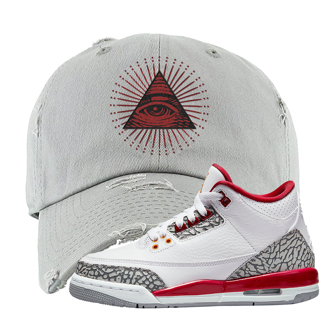 Cardinal Red 3s Distressed Dad Hat | All Seeing Eye, Light Gray