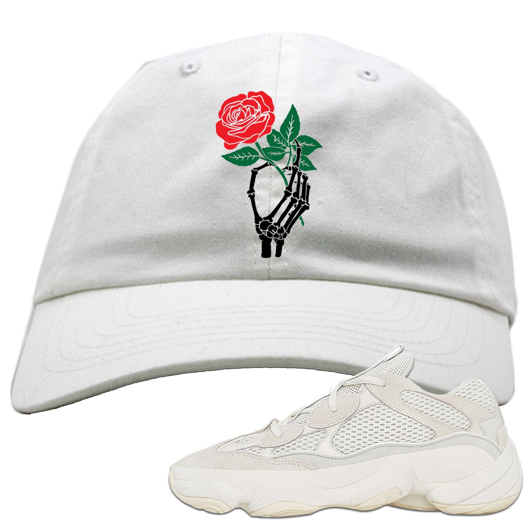 Bone White 500s Dad Hat | Skeleton Hand Rose, White